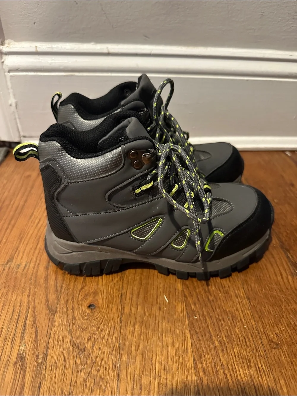 Gray and Black Hiking Boots with Neon Yellow Accents